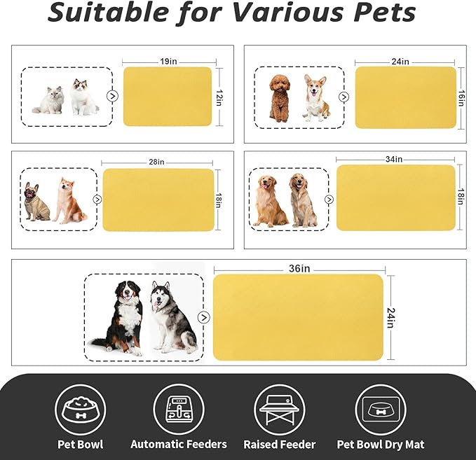 Dog Food Mat - Absorbent Cat Mat for Food and Water, No Stains Pet Feeding Bowl Mat, Easy to Clean Pet Placemats, Quick Dry Dog Water Dispenser Mat for Messy Drinkers | Yellow 24"x36"