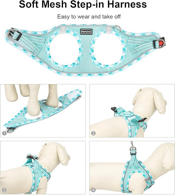 Mercano Soft Mesh Dog Harness and Leash Set, No-Chock Step-in Reflective Breathable Lightweight Easy Walk Vest Harnesses with Safety Buckle for Small Dogs, Cats (Light Blue, XL)