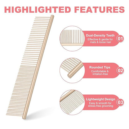 Dog Cat Comb, Pet Combs Stainless Steel Teeth with Rounded Ends for Knots Mats Loose Hair Removal, 7.5IN (Gold Coated, 3 Pack), Grooming Tool Intended for Long Curly Hair Pet