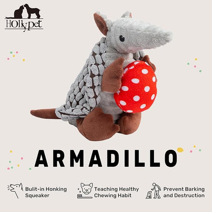 Hollypet Plush Dog Squeaky Toy Stuffed Armadillo Animal Pet Puppy Chew Toys with Clean Teeth for Small Medium Large All Breed Sizes Dogs, Gray, 8 in, Red Easter Eggs with WhiteDots