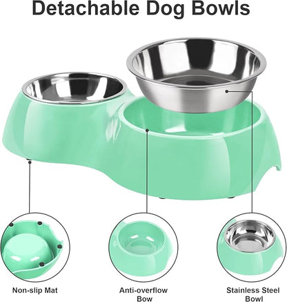 Elevated Dog Bowls Set - Non-Slip Raised Pet Feeder with Medium (2 Cups) & Large (4 Cups) Stainless Steel Bowls - Includes Durable Resin Stand for Corgi Puppies and Adult Cats - Green