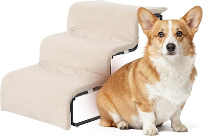 Stairs for Dogs to get on Bed 3-Step Pet Ramp for High Beds Sponge Dog Ramp Non-Slip Washable Cover The Sturdy Iron Frame with Anti-Slip Points Ideal for Small Dogs Cats Senior Pets with Joint Issues