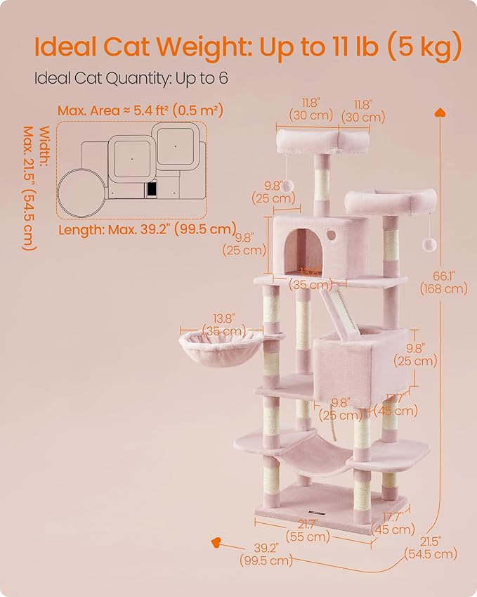 Feandrea Cat Tree, 66.1-Inch Large Cat Tower, Multi-Level Plush Condo with 13 Scratching Posts, 2 Perches, 2 Caves, Basket, Hammock, Pompoms, Jelly Pink UPCT165P01