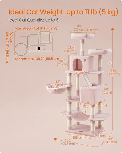 Feandrea Cat Tree, 66.1-Inch Large Cat Tower, Multi-Level Plush Condo with 13 Scratching Posts, 2 Perches, 2 Caves, Basket, Hammock, Pompoms, Jelly Pink UPCT165P01