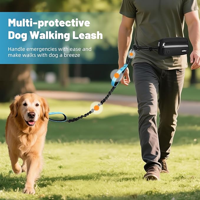Hands Free Dog Leash with Pouch, Waist Leash for Dog Walking, Jogging, Hiking, Retractable Leashes with Dual Padded Handles, Adjustable Reflective Belt for Small, Medium, Large Dogs