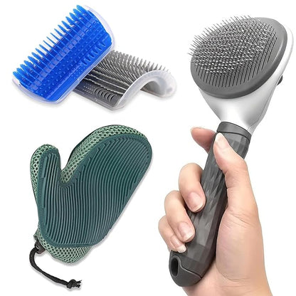 4-in-1 Pet Grooming Kit for Dog Brush, Self-Cleaning Slicker Cat Brush, Massage Grooming Glove and Cat Corner Scratcher, Effortlessly Remove Shedding Hair with Efficient Dog Brush