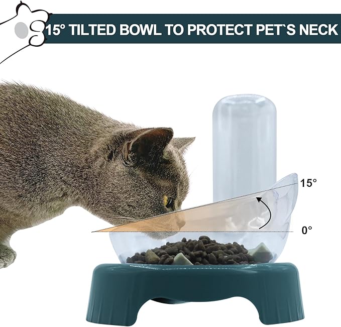 Triple Cat Bowls with Water Dispenser, Pet Water and Food Bowl Set with Non-Slip Mat and Scoop, 15° Tilted Double Dog Cat Bowls, Wet and Dry Food Bowl Set for Cats & Small Dogs (Dark Blue)