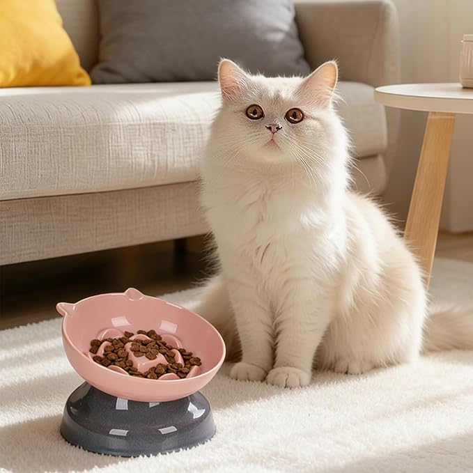Elevated Slow Feeder Cat Bowl, 15° Tilted Ceramic Raised Cat Bowl for Indoor Cats, Anti Vomiting Design, Cute Cat Ear Heavy Base, Whisker Friendly Healthy Feeding Dish (Pink)