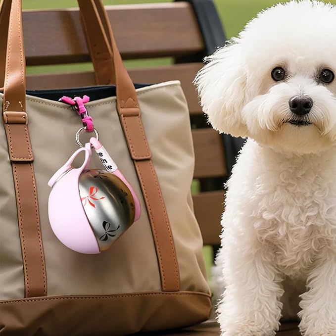 Foldable Pet Water Bottle, Portable Leak Proof Dog Water Bottle with Silicone Drinking Bowl, 304 Stainless Steel Travel Water Dispenser for Dogs and Cats, 287ML (Blue+Print)