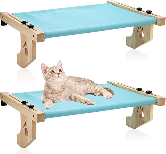 Pinkunn 2 Set Cat Window Sill Perch Adjustable Wood Small Cat Window Hammock Window Seat Cat Bed Windowsill Cat Shelf Indoor Kitty Cat Window Ledge Seat for Bedside Cabinet, Heavy Duty 33 Lbs (Blue)