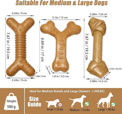 Dog Chew Toys for Aggressive Chewers, 3 Pack Nylon & Wood Teething Bone Toy Set with Chicken Flavor, Durable Tough Bones Chewing Toys for Medium & Large Dogs