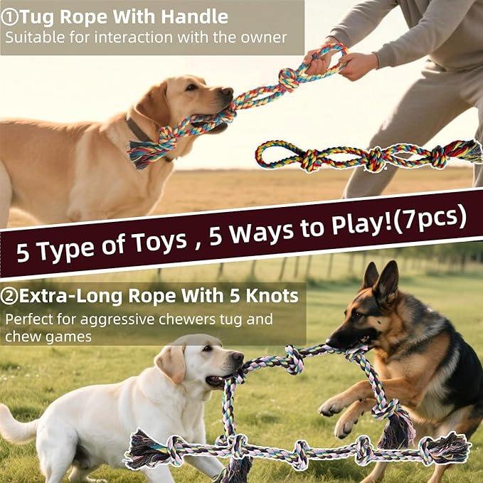 Large Dog Rope Toy for Aggressive Chewers, 7 Pack Rope Toy for Dogs Large Medium Breed Tug of War Indestructible Tough Cotton Pet Chew Toys for Training Teething Tug Toys Puppy Essentials