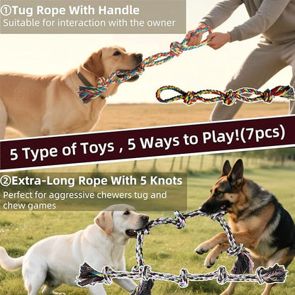Large Dog Rope Toy for Aggressive Chewers, 7 Pack Rope Toy for Dogs Large Medium Breed Tug of War Indestructible Tough Cotton Pet Chew Toys for Training Teething Tug Toys Puppy Essentials