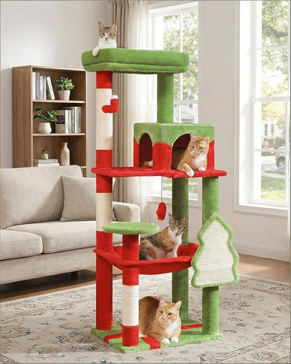 Cat Christmas Tree for Indoor Cats – 56.3“ Cat Proof Christmas Tree Tower with Large Hammock, 3 Scratching Posts & 3 Christmas Toy Balls – Holiday Cat Tree with Festive Decor, Christmas Red