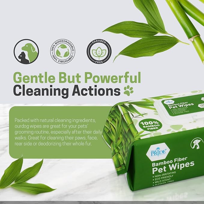 MED PRIDE Gentle Doggie Towelettes Biodegradable Pet Wipes XL – 100% Bamboo Fiber Dog & Cat Cleaning Wipes with Aloe Vera – 8”x8” Hypoallergenic Deodorizing Grooming – 8 Packs (800 Count)