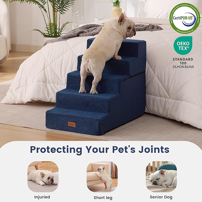 Gardner Pet Dog Stairs for Small Dogs 22.8" H, 5-Step Extra Wide Dog Stairs for High Bed, Pet Steps for Small Dogs and Cats Couch with Durable Non-Slip Waterproof Fabric Cover and Soft Foam, Navy