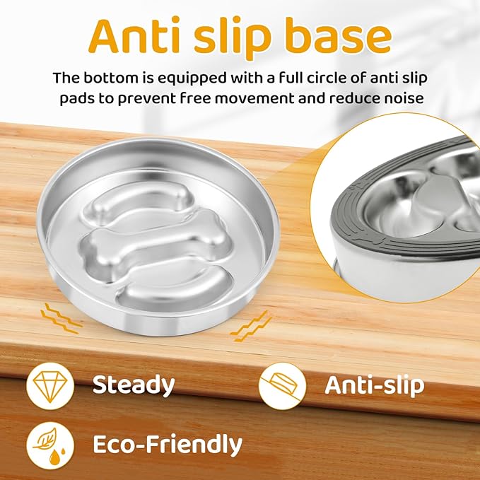 Slow Feeder Dog Bowls Stainless Steel,Anti-Slip Slow Eating Dog Food Bowl,Double-Sided Bones Design dig Dish, 3 Cups Capacity for Small and Medium Dogs Slow Down Eating