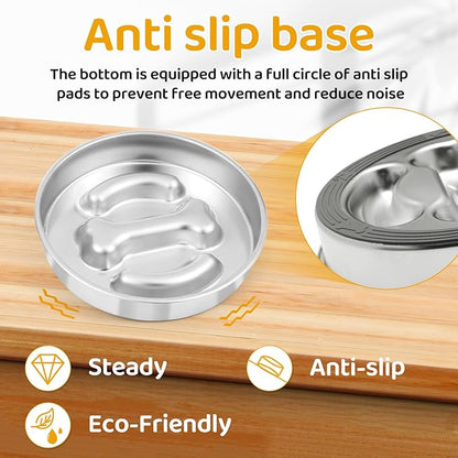 Slow Feeder Dog Bowls Stainless Steel,Anti-Slip Slow Eating Dog Food Bowl,Double-Sided Bones Design dig Dish, 3 Cups Capacity for Small and Medium Dogs Slow Down Eating