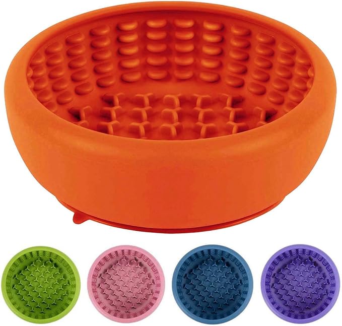Dog Lick Bowl, ZOURYNUA Non-Slip Slow Feeder Dog Bowls, Enrichment Licking Mat for Distraction, Anxiety Relief Treat Dispenser Freezer, BPA Free Silicone & Dishwasher Safe (Orange, Small)