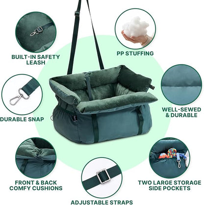 BurgeonNest Dog Car Seat for Small Dogs, Calm Blue Pet Car Bed Under 25 lbs, Soft Booster Fully Detachable and Washable Cat Carseats with Storage Pockets and Clip-On Leash Portable Travel Carrier