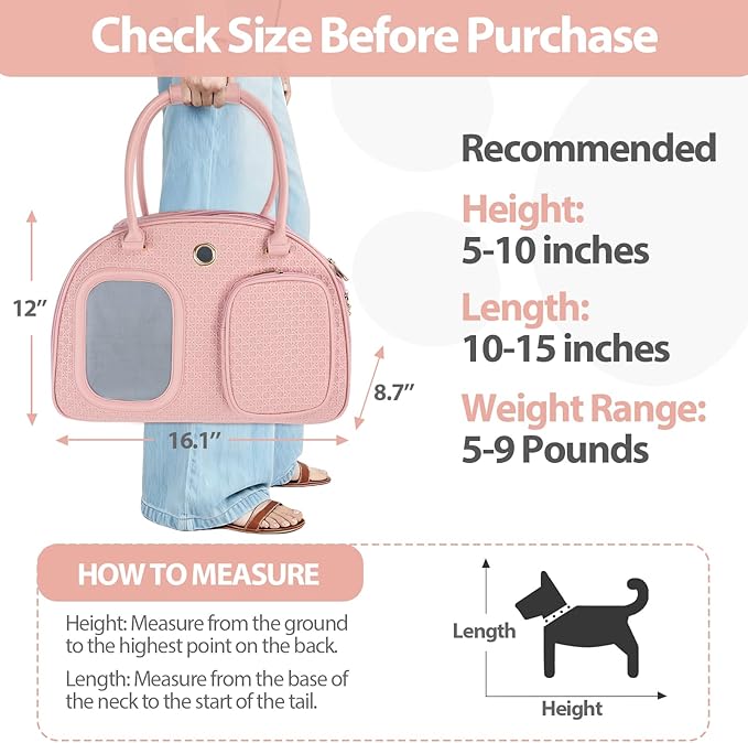 Dog Purse Carrier for Small Dogs, TSA Airline Approved Pet Tote Bag, Fashion Soft-Sided Puppy Carrier Purse with Pockets for Travel, Shopping, Daily Use (Pink, 16.1inch x 8.7inch x 12inch(LxWxH))