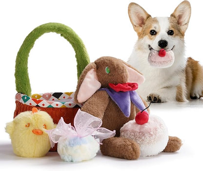 Nocciola Dog Easter Basket Dog Toys - Durable Stuffed Plush Bunny Dog Squeaky Toys for Small, Medium and Large Breeds, Easter Basket with Egg & Rabbit & Chick & Cake Puppy Toy