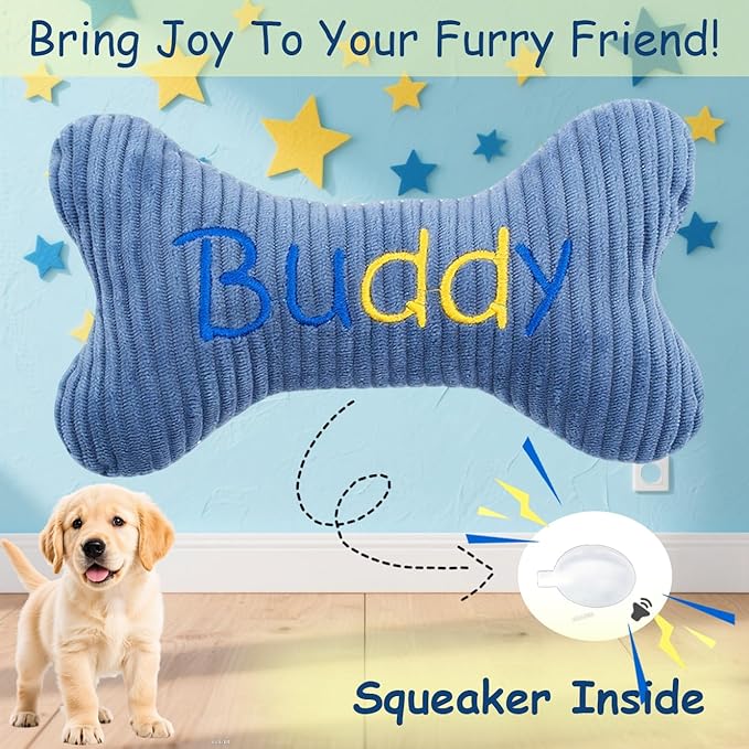 2026 Personalized Squeaky Dog Toys, Embroidered Bone Shape Corduroy Pet Pillow 8"x5"with Custmoized Name, Cute Dog Chew Puzzle Toy Custom Color Size Birthday for Small Medium Large Dogs