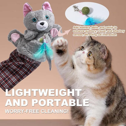Interactive Cat Wrestling Puppet Toy with Feather Teaser - Thickened Bite-Resistant Training Glove for Safe Play, Realistic Prey Mimicry for Indoor Cats, Boredom Relief & Exercise, Grey