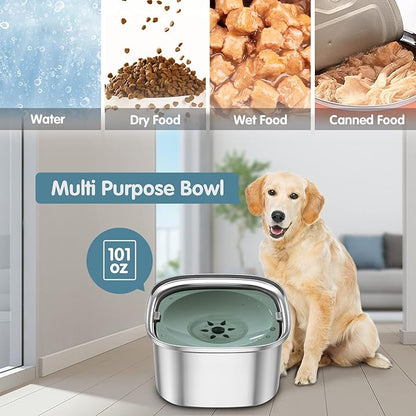 UPSKY 3L Dog Water Bowl 101oz Stainless Steel No Spill Large Capacity Dog Food Water Bowl Slow Water Feeder, Spill Proof Pet Water Dispenser Vehicle Carried Travel Water Bowls