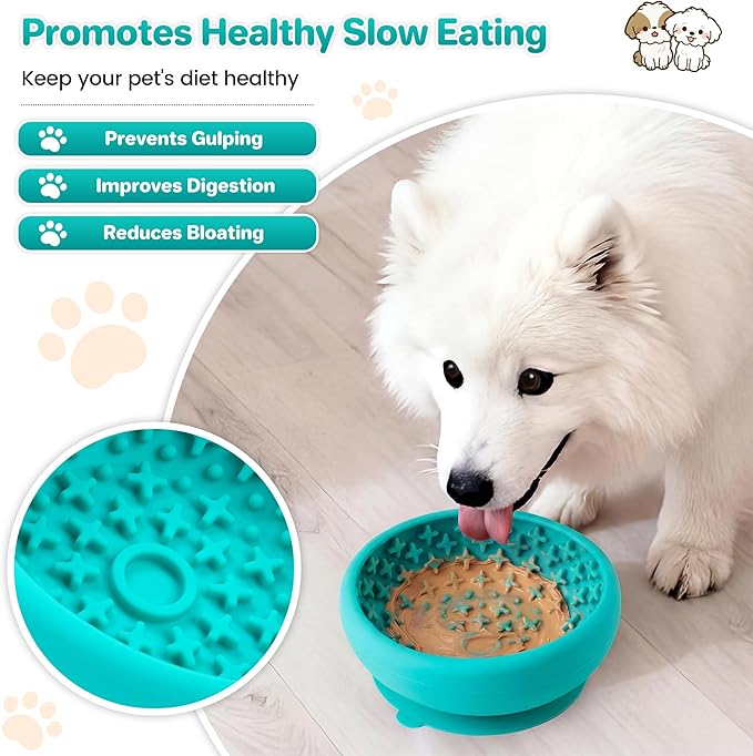 Dog Lick Bowl Slow Feeder with Slanted Anti-Spill Design, Extra-Thick Bite-Resistant Rim, Strong Suction Base, Freezer Safe for Frozen Treats — A Cleaner Alternative to Lick Mats for Dogs (Teal)