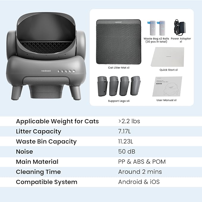 Neakasa M1 Plus Open-Top Self-Cleaning Cat Litter Box, 360° Safety Sensors, Advanced Odor & Leak Control, Automatic for Large & Multi-Cat Homes, Litter Mat & 2 Rolls Refill Bags Included