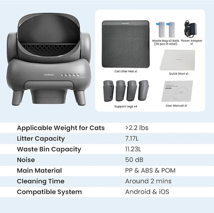 Neakasa M1 Plus Open-Top Self-Cleaning Cat Litter Box, 360° Safety Sensors, Advanced Odor & Leak Control, Automatic for Large & Multi-Cat Homes, Litter Mat & 2 Rolls Refill Bags Included