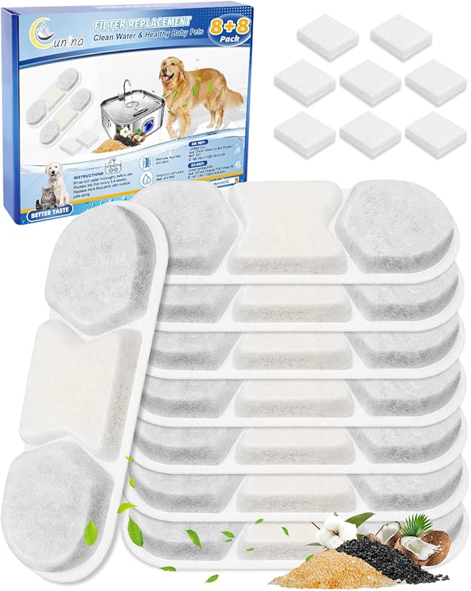 8PCS Filter & Sponges Pet Water Fountain Filter Compatible with MAILOFY WF120 410oz/3.2Gal/12L & Fit for Zuqqony DYSJ01 Dog Water Bowl Dispenser, Filters Replacement for Cat Automatic Fountain