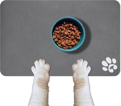 YCT Pet Cat Food Mats - Non Slip Super Absorbent, with Footprints Logo, 18.1 x 11.8 inches, Dark Grey