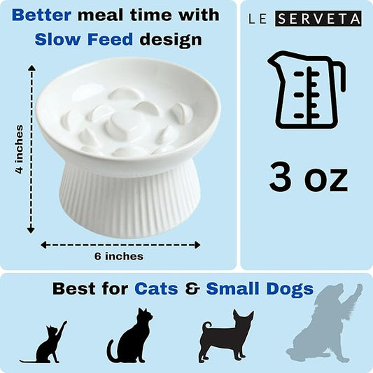 Ceramic Slow Feeder Cat Bowl, Raised Puzzle Feeder, Anti Vomiting Cat Slow Feeder, Elevated Food Bowl, Whisker Friendly Cat Bowl (White)