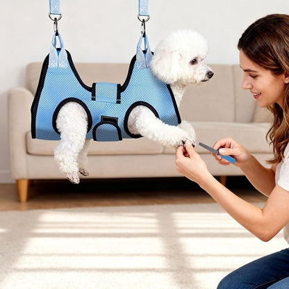 Dog Grooming Hammock, Cat/Small Dog Hammock for Nail Trim, Hanging Harness for Claw Care,Grooming Sling Holder Hanger with Thick Fabric Neck Support Wide Strap Restraint (Blue)