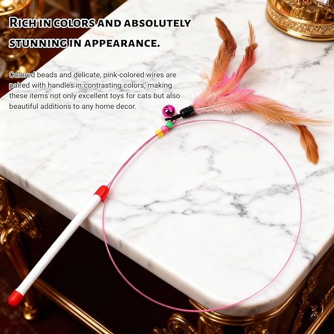 Cat Feather Wand Toy - Steel Wire Feather Interactive Cat Stick Training - Beads Bells Kitten Wand Toys Pet, Funny Kitten Fishing Pole Toy for Bored Indoor Chase & Exercise(1Pcs)