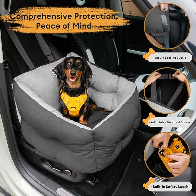 FUNNY FUZZY Dog Car Booster Seat for Small/Medium Dogs Up to 39lbs – Waterproof Fabric, Non-Slip Base, Safety Leash, Fully Detachable & Machine Washable Cover (Gray)