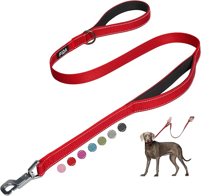 Fida 4 FT Heavy Duty Dog Leash with 2 Comfortable Padded Handles, Traffic Handle & Advanced Easy Snap Hook, Reflective Walking Lead for Large, Medium & Small Breed Dogs, Red