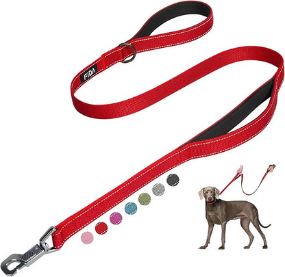 Fida 4 FT Heavy Duty Dog Leash with 2 Comfortable Padded Handles, Traffic Handle & Advanced Easy Snap Hook, Reflective Walking Lead for Large, Medium & Small Breed Dogs, Red