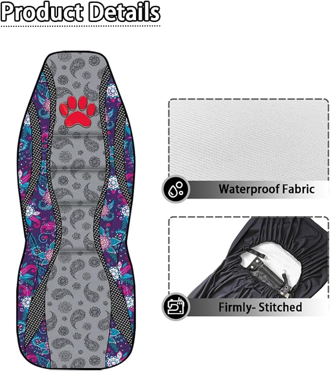 Red Paw Print Car Seat Covers Non-Slip Automobile Seat Covers Boho Flower Waterproof Front Seat Cushion Interior Auto Accessory Protection for Cars Truck Van, 2 Pcs Set