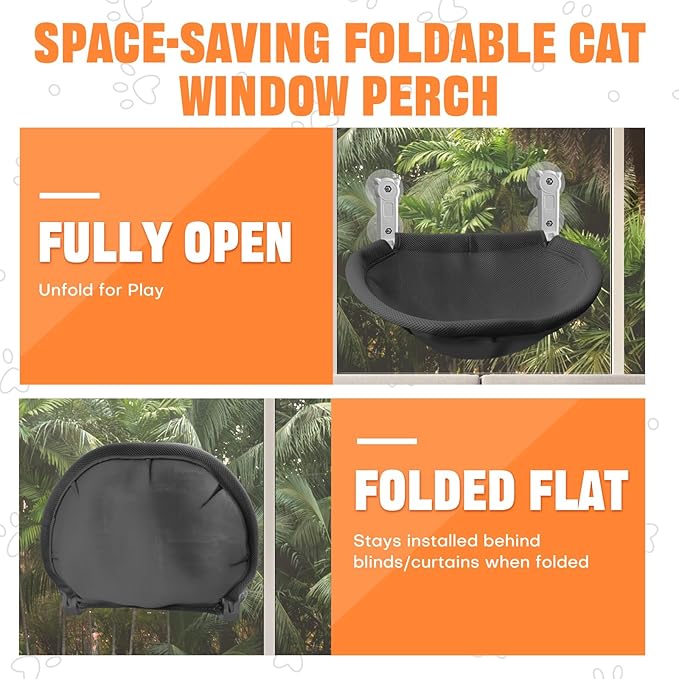 Homegroove Cat Window Perch, 18 x 12 Inch Foldable Cat Hammock for Window with Sturdy Metal Frame, Breathable Cordless Window Bed for Resting Seat for Indoor Cats (Black, 18 x 12 Inch)