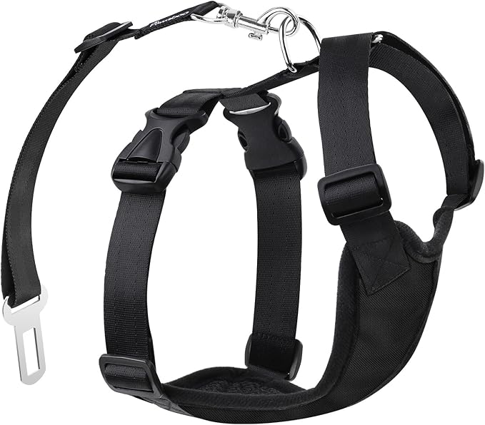 Pawaboo Adjustable Dog Seat Belt for Vehicle, Breathable Dog Safety Vest Harness with Seatbelt for Small Medium Large Dogs, L, Black + Silver