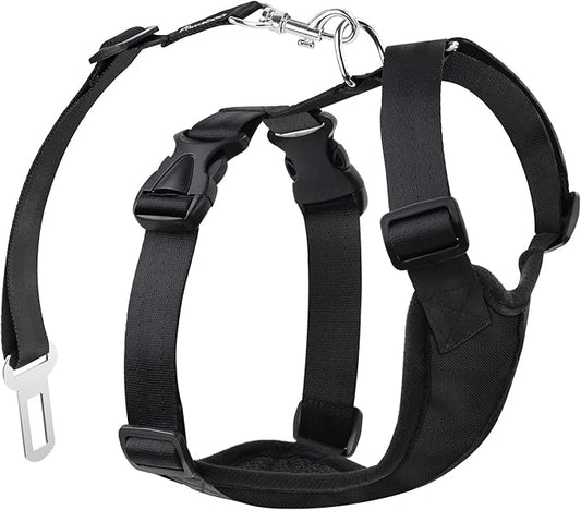 Pawaboo Adjustable Dog Seat Belt for Vehicle, Breathable Dog Safety Vest Harness with Seatbelt for Small Medium Large Dogs, L, Black + Silver