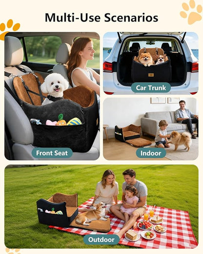 Dog Car Seat for Small/Medium Dogs Up to 35lbs, 2-in-1 Pet Car Seat with Memory Foam, Detachable Washable Dog Bed for Cars, Pet Booster Carseat with Storage Pockets Fits Front/Back Seats (Black/Brown)