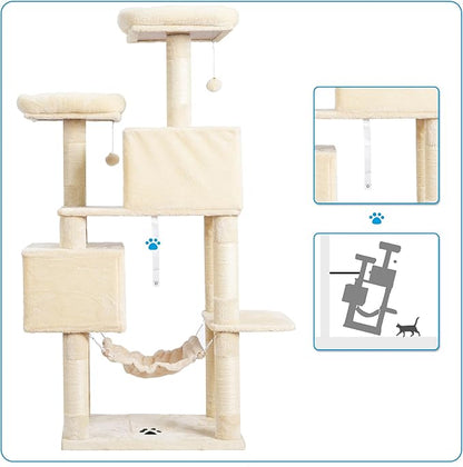 Hey-brother Large Multi-Level Cat Tree Condo Furniture with Sisal-Covered Scratching Posts, 2 Bigger Plush Condos, Perch Hammock for Kittens, Cats and Pets Beige MPJ020M