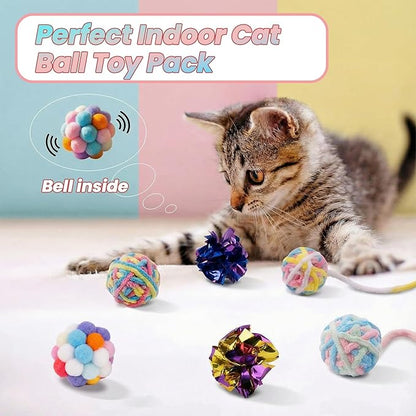 9 Pack Cat Toy Balls for Indoor Cats, Pom Pom Fuzzy Balls with Bells, Wool Yarn Toy with String, Mylar Crinkle Balls Interactive Kitten Toys for Indoor Cats Chase and Play Keep Busy Stress Relief