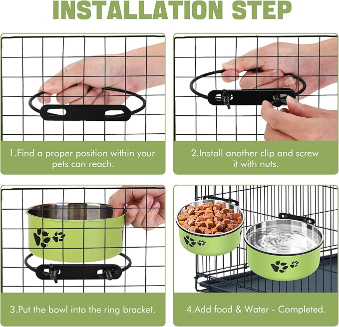 Dog Crate Water Bowl, ShineMe 54oz & 34oz Stainless Steel No Spill Crate Food and Water Bowl, Kennel Bowls Mountable for Medium and Large Dogs, Cats and Pets, Set of 2, Green (7.1x2.9” & 6.2x2.6”)