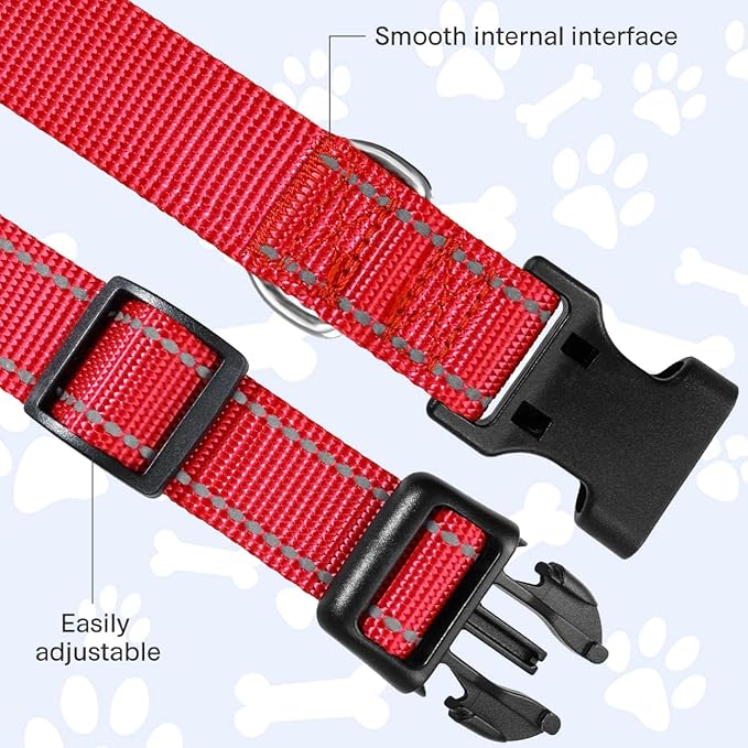 FunTags Reflective Dog Collar, Sturdy Nylon Collars for Puppy and Extra Small Girl and Boy Dogs, Adjustable Dog Collar with Quick Release Buckle,Red,5/8" Width