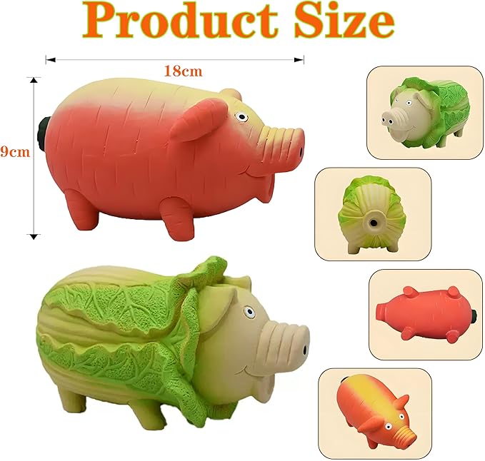Dog Squeaky Toy, 2 Pack Latex Chew Toys with Oinks Sound Squeaker Cabbage&Carrots Grunting Pig Dog Toy Durable Dogs Squeeze Toy for Small Medium Large Dog Dental Biting Chasing to Kill Boring Time